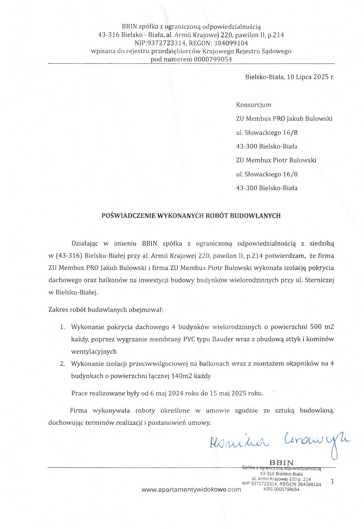 List referencyjny od BBIN sp. z o.o. dla Membux PRO – hydroizolacja dachów membraną PVC i balkonów, Bielsko-Biała